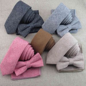 Wool Tie 3Pcs/Set Mens 6cm Necktie Bowtie Handkerchief Narrow Ties Pocket Square for Men Suit Shirt Dress Accessories Gravata