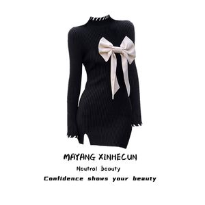 Autumn new design women's stand collar long sleeve cute big bow patchwork sexy vent jag short knitted pencil dress