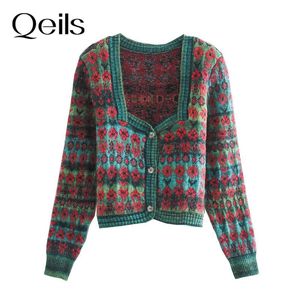 Qeils swobodne kobiety moda moda zcięty dzianina sweter sweter vintage kwadratowy kołnierz guziki żeńska odzież wierzchnia elegancka tops swea