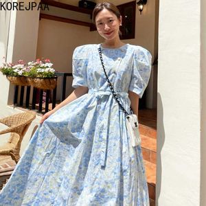 Korejpaa Women Dress Summer Korea Chic Sweet Romantic Print O Neck Bevel Button High Waist Lace-up Small Floral Long Dresses 210526