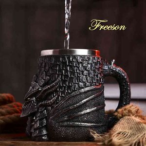 Medeltida Dragon Resin Rostfritt stål Öl 600ml Retro Tankard Skull Kaffekopp Te Mugg Tumbler Pub Bar Decor Drop Shipping