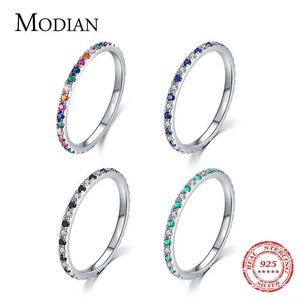 Anéis de dedo Modian Rainbow CZ para mulheres Empilháveis Slim 4 Cores Aliança de Noivado de Casamento 925 Prata Esterlina Joias Finas 2021 X0715