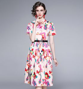 Summer Runway French Shirt Dress Women Turn Down Collar Short Sleeve Multicolour Print Female Celebrity Pleated Dress With Belt 210514