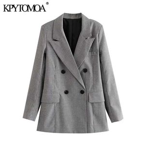 Kpytomoa女性のファッションダブルブレストチェックブレザーコートビンテージ長袖ポケット女性の上着シックなトップ211019