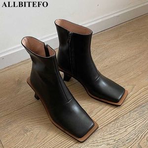 ALLBITEFO natural genuine leather ankle boots Waterproof platform fashion leisure women boots motocycle boots high heel shoes 210611