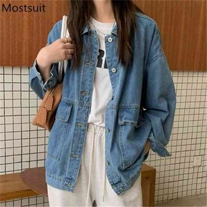 Cool tjej blå denim kappa jacka kvinnor singel breasted fickor mode lösa toppar vintage high street kvinnlig femme 210513