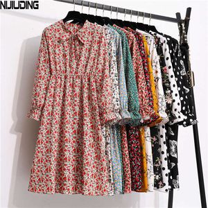 NIJIUDING Women's Chiffon Dress Female Vintage Floral Printed Long Sleeve Bow Midi Dresses Spring Autumn Flare Sleeve Vestidos Y1006