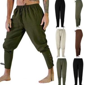 Vuxen man medeltida viking pirat cosplay kostym spets-up bandage byxor larp capris byxor vintage vävt bomull joggare för män x0615