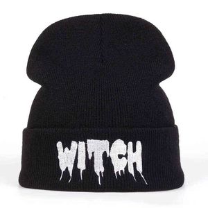 Hot New Black Acrylic Haft List Witch Czapki Kapelusze Dla Kobiet Mężczyźni Unisex Dorosłych Casual Kulki Zimowe Czapki Dzianiny Gorros Y21111