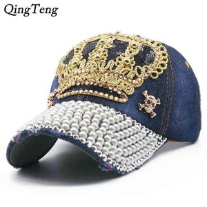 Damska luksusowa czapka z daszkiem, korona marki, perła, cekin, hip hop, retro, kowboj, przypadkowy, nowy