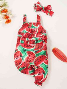 Baby Allover Watermelon Print Layered Trim Cami Jumpsuit Headband Hon