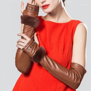 Woman Genuine Leather Fur 40 Cm Long Fingerless Gloves Lady Beading Skull Rivet Punk Style Oprea Mitten Arm Sleeve1