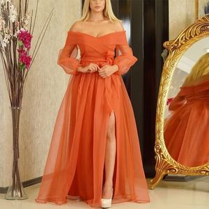 Women Elegant Dresses Off Shoulder Patchwork Sleeves Slit Orange Mesh Birthday Evening Party Robe Plus Size XXL with Waist Belt 210416