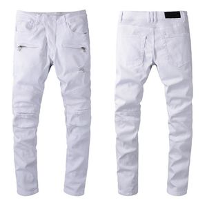 Designer Luxury Mens Jeans Brand Washed Design White Slim-Ben Denim Pants Lightweight Stretch Skinny Motorcykel Biker Jean Trousers Storlek 28-40