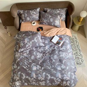 Svetanya Grey European Flowers Nordic Egyptian Bomull Bedräkt Ställ ut Skriv ut Plattat Plåtkudde Duvet Cover Set Sängkläder 210615