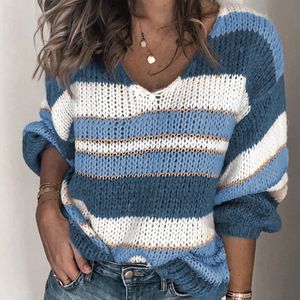 Winter Women Swaeter Striped V-neck Knitted Sweater Plus Size Long Sleeve Tunic Christmas Cashmere Jumper Harajuku Pullover Top 210428