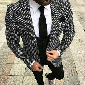 Fashion Houndstooth Slim Fit Män Passar för Groom Bröllop Plaid Tuxedo 3 Piece Vest Jacka Byxor Set Formell Prom Blazer Masculino