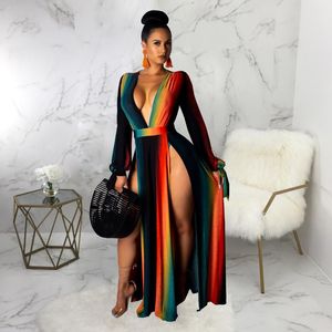 Wholesale drop side dress for sale - Group buy Casual Dresses Fashion Sexy Striped Long Sleeve Deep V neck Dress Beach Side Split Maxi Clothes Drop