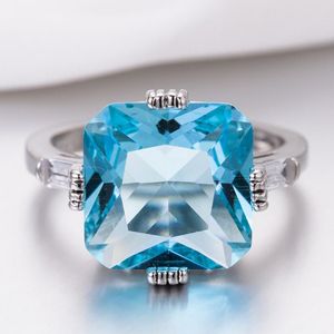 Eheringe, die eingelegte, flache, meerblaue, quadratische, große Steine verkaufen, amerikanische Frauen, Verlobung, Prinzessin, versilberter Ring