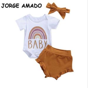 Venda Por Atacado Verão Bebê 3-Piece Stes Algodão Arco-íris De Manga Curta Jumpsuit + Shorts Hairband Outfits bonitos E1000 210610