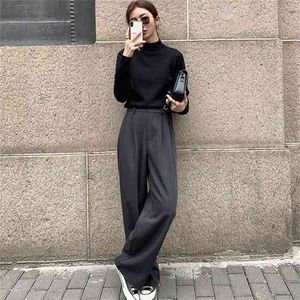 Spring Korea Fashion Women High Waist Wide Leg Pants All-matched Casual Loose Gray Suit Femme Trousers V281 210512