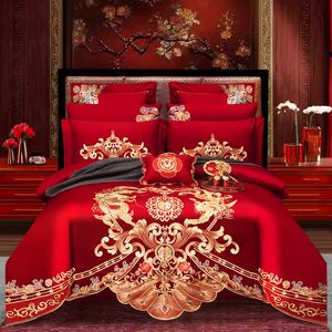 Высококачественный комплект постельного белья с вышивкой Phoenix Loong, роскошный комплект постельного белья в китайском стиле для свадьбы из чистого хлопка, красный пододеяльник, простыня, льняные наволочки, домашний текстиль