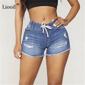 Liooil Sexy rasgado skinny denim shorts com bolsos mulheres verão streetwear cintura alta angustiado bodycon hole jean 210724
