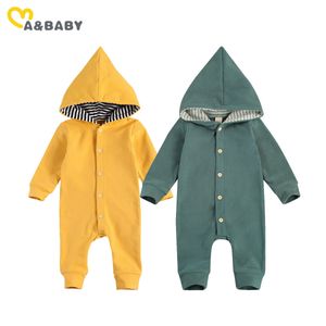 0-24M Autumn Spring born Infant Baby Boy Girl Hooded Jumpsuit Long Sleeve Striped Romper Playsuit Outfits 210515