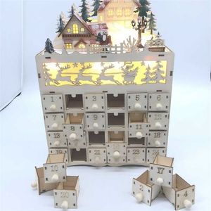 Jul snögubbe trä advent kalender nedräkning dekoration 24 lådor med LED-ljus prydnad 211019