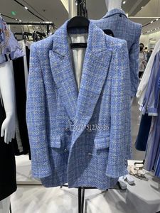 Outono novo design feminino gola virada para baixo xadrez azul tweed lã espessamento blazer casaco terno plus size XSSML