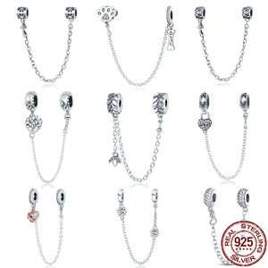 Ny 100% 925 Sterling Silver Blomma Säkerhetskedja Charms Bead Passar Pandora Armband Hängsmycke Kvinna Mode Fina Smycken