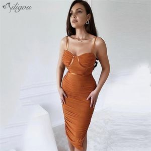 Kvinnor Sexig Designer Lace Mesh Ruched Orange Bandage Dress Ladies Elegant Split Midi Bodycon Party Vestido 210525
