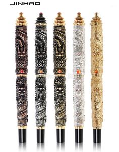 Ballpoint Pens Jinhao Golden Double Dragon Playing Pearl Carving Embossing Tower Cap Roller Ball Pen Gold Trim Professional Office Stationer