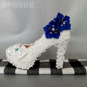 Sapatos de vestido bombas de renda branca mulher super alta 11 cm de 4 polegadas saltos de bloco de casamento pérolas com noivas de noiva do arco