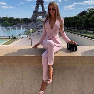 Office Ladies women's pantsuit Red Pink Business Classic Double-breasted Buttons Nine Blazer Pants Set Two Piece Formal Suits 210819