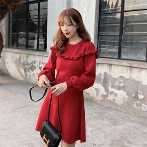 Casual Dresses Women Autumn Winter Dress HIgh Quality Fashion Korean Ruffle Red Black Sweater Knitted Bottom Vestidos Ropa Mujer 2021