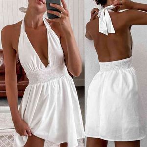 Yaz Elbise Seksi Derin V Boyun Kravat Bel Beyaz Göğüs Pedi Ile Düz Renk Halter Backless Beachdress Tatil Robe 210517