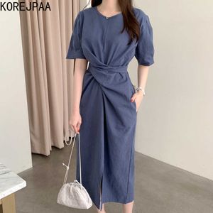 Korejpaa Women Dress Summer Korean Elegant Temperament Round Neck Twist Design Waist Slim Short-Sleeved Hip Split Vestidos 210526