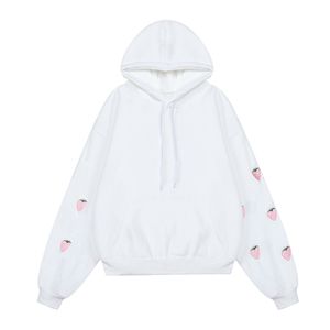 White Strawberry Embroidery Sleeve Think Fleece Hoodies Pullovers Casual Women H0032 210514