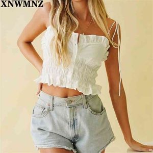 Vintage Slim Ruffles Women Top Adjust Spaghetti Straps Woman Camis Fashion Front Buttons Green chic Tank 210520