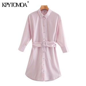 Women Chic Fashion With Belt Striped Loose Mini Shirt Dress Vintage Three Quarter Sleeve Female Dresses Mujer 210416