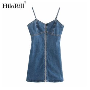 Mulheres Azul Denim Vestido Verão Sexy Spaghetti Strap Mini Sem Mangas Frente Zíper Backless Jeans Casual Es 210508