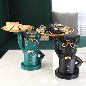 Nordic French Bulldog Sculpture Dog Figurine Statue Key Jewelry Storage Table Decoration Gift With Plate Glasses Drop 210811