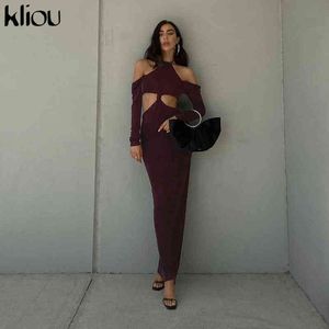 Kliou Sexy Party Women Maxi Klänningar Elegant Klipp Hollow Out Lace Up Neck-Mounted Med Långärmad Klubb Kvinna Vestido de Mujer Y1204