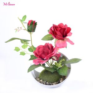 1Set välkomnande ros blomma bonsai simulering dekorativa konstgjorda blommor falska 3 huvud krukväxter ornaments hem bröllopsinredning