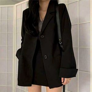 PEOY Fashion 2021 Spring Blazer Women Single Breasted Oversized Suits Jacket Office Ladies Loose Long Sleeve Blazer Black X0721