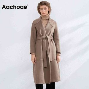 Aachoe Women Wood Lood Casaco com Belt Manga Longa Casaco Longo Longo Desligue Collar Sólida Senhora Overcoat Office Wear Tops Manteau 210413