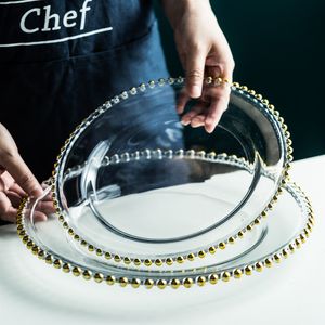 13inch round wedding clear silver/gold beaded charger plates glass plate for table decoration DH8760