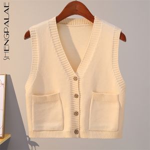 Knitted Vest Cardigan Women's Spring V-neck Single Breasted Pocket Sleeveless Sweater Female 5B655 210427