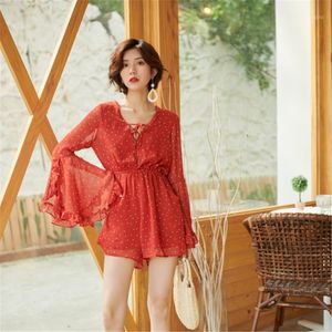 Mulheres Verão Moda Vermelho Chiffon Jumpsuits Big Flare Manga Ponto Imprimir Curto Sexy Profundo V Neck Férias Beach Bodysuits Macacões das Mulheres